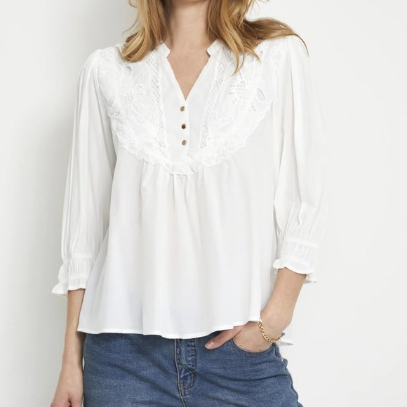 CULTURE Asmine women LACE BLOUSE Sz M EMBROIDERED viscose SMOCKED cuffs DENMARK - Picture 1 of 14